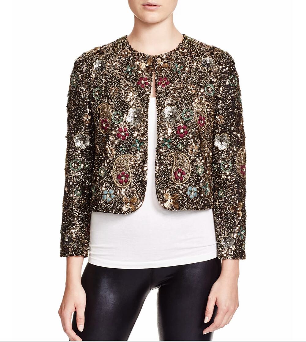 Alice + Olivia Kidman Floral Sequin Beaded Cropped Jacket Brown Size Large